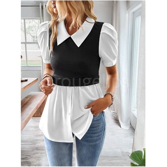 2 in 1 Black Knit Vest on White Button Down Shirt Short Sleeve - Picture 5 of 6